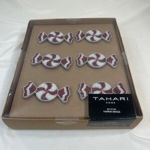 Tahari Beaded Peppermint Candy Napkin Rings Set of 6 Red White Christmas Holiday